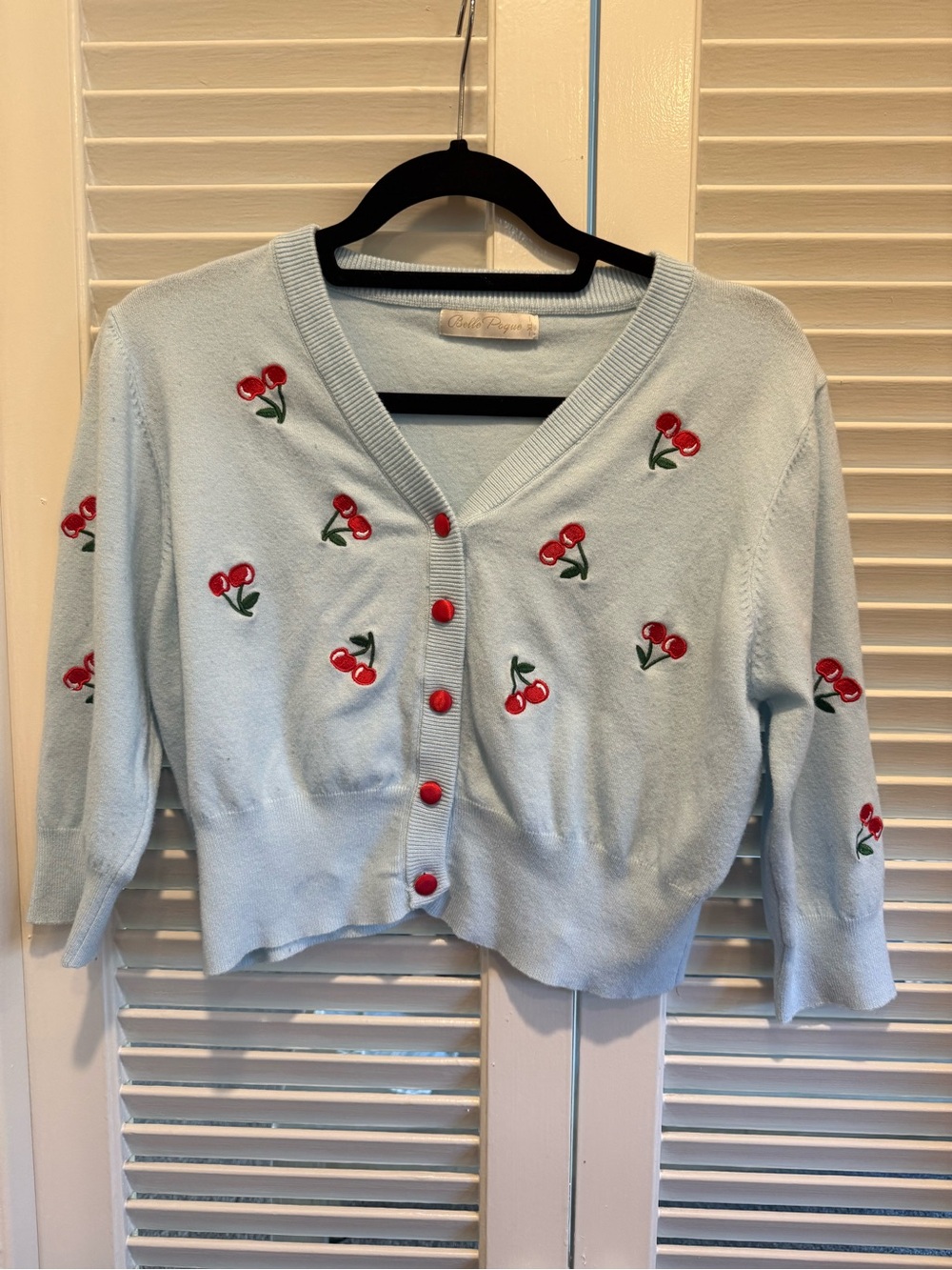 Blue 3/4 Sleeve V-Neck Button Down
Cherries Embroidery Cropped
Cardigan Sweater